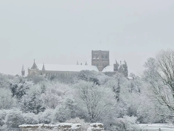 Una Vista Catedral Abadía Iglesia San Alban Durante Día Nevado — Foto de Stock
