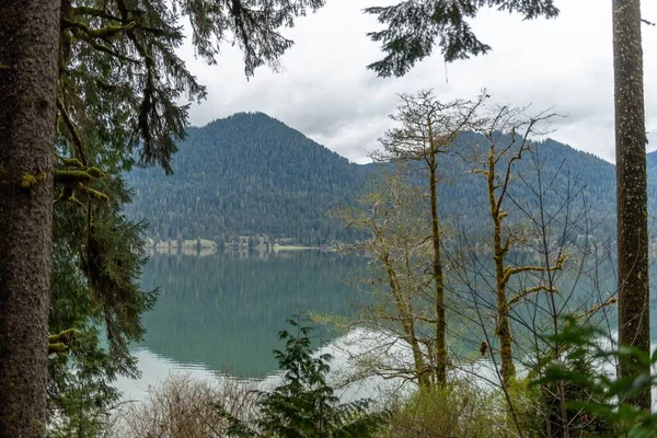 Die Grünen Berge Mit Spiegelungen Auf Dem See Einem Bewölkten — Stockfoto