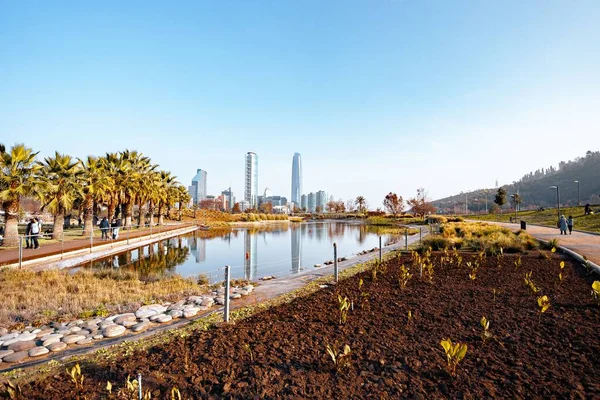 stock image A scenic view of Bicentennial Park against modern skyscrapers in Vitacura, Santiago, Chile