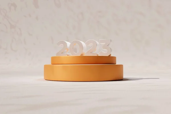 一个数字为2023的橙色平台在新的一年的3D渲染 — 图库照片