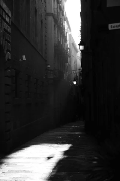 灰度黑暗狭窄小巷的一个垂直镜头 — 图库照片