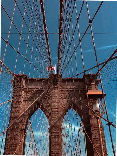 Ponte Brooklyn Com Bandeira Nova Iorque — Fotografia de Stock