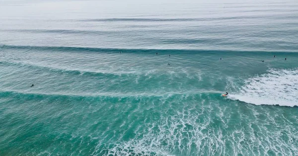 Mavi Okyanusun Sakin Sularında Sörf Yapan Yüzen Insanların Hava Görüntüsü — Stok fotoğraf
