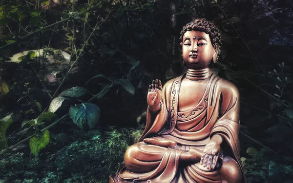 铜像的特写在绿叶前 以冥想的姿势拍摄的古佛铜像 — 图库照片