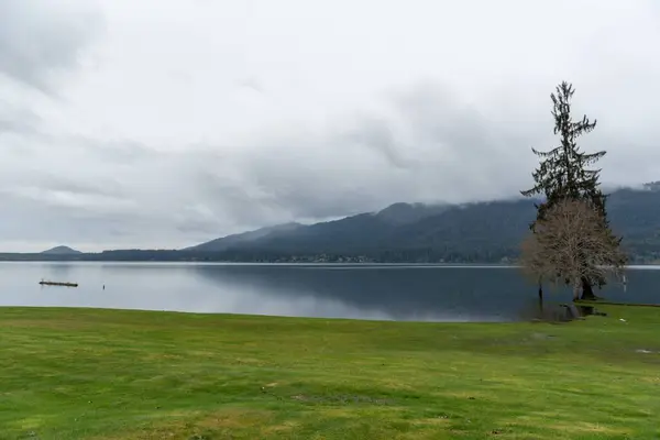 Scénický Pohled Jezero Mezi Kopci Lesem Pod Šedou Oblačnou Oblohou — Stock fotografie