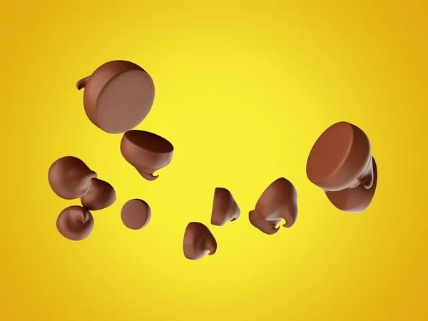 Рендеринг Плавающей Шоколадной Стружки Капель Кусочка Ярко Желтом Фоне — стоковое фото