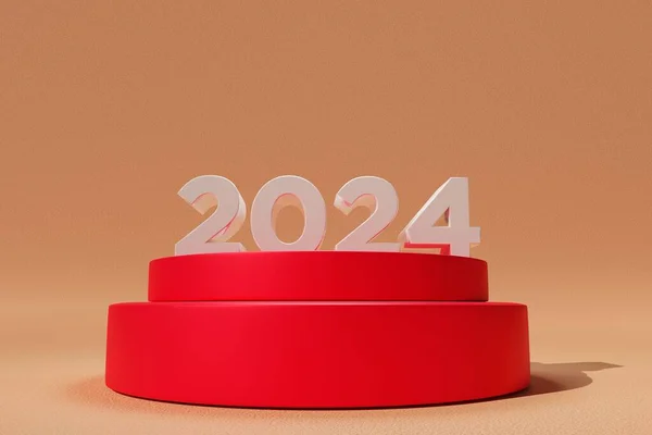 一个数字2024的红色平台在新的一年里的3D渲染 — 图库照片