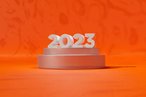 3D渲染的灰色平台与数字2023的新年橙色背景 — 图库照片