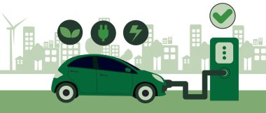 Çevre dostu bir elektrikli arabanın sürdürülebilirlik temalı vektörü modern bir şehirde yeşil renkli bir istasyonda şarj oluyor.