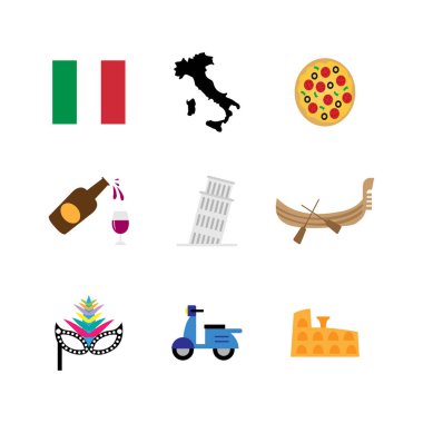 Beyaz arkaplanda İtalya bayrağı, haritası, pizzası, şarabı, kulesi, gondolu ve maskesi olan bir simge paketi