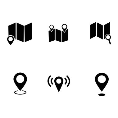 Düzenlenebilir bir harita vektör kümesi ve beyaz arkaplan üzerine yerleştirilmiş simgeler