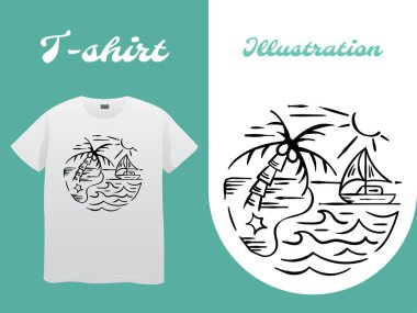 Güneşli bir sahil hattının vektör çizimi. Dalgalar, palmiye ve güneş beyaz bir tişörte basılmış.