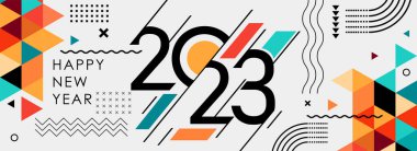Modern geometrik soyut arka planlı retro tarzıyla mutlu yeni yıl 2023 kapağı. 2023 hat yazısı için yeni yıl tebrik kartı tasarımınız kutlu olsun..
