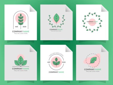 Doğal logoları ve organik ürünlerle ilgili metinleri içeren altı beyaz sayfanın vektör çizimi