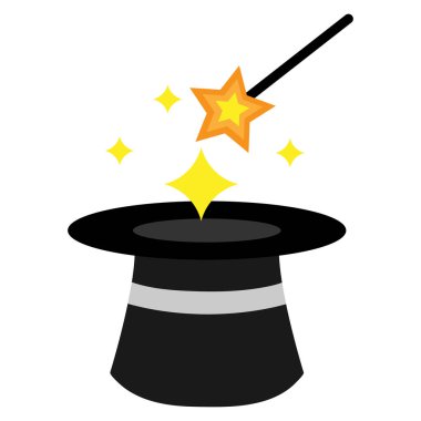 Beyaz arka planda izole edilmiş sihirli bir şapka ve değneğin vektör çizimi.