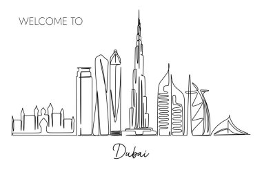 Dubai şehrinin siluetinin aralıksız bir çizimi. Dünyaca ünlü turizm merkezi. Seyahat ve turizmin tanıtımı için el yapımı basit bir tasarım