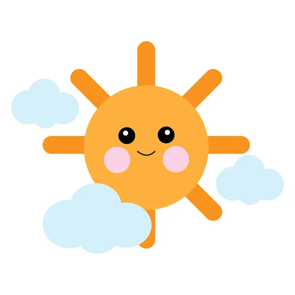 Beyaz Arka Planda Bulutları Olan Sevimli Komik Bir Güneşin Taşıyıcısı — Stok Vektör