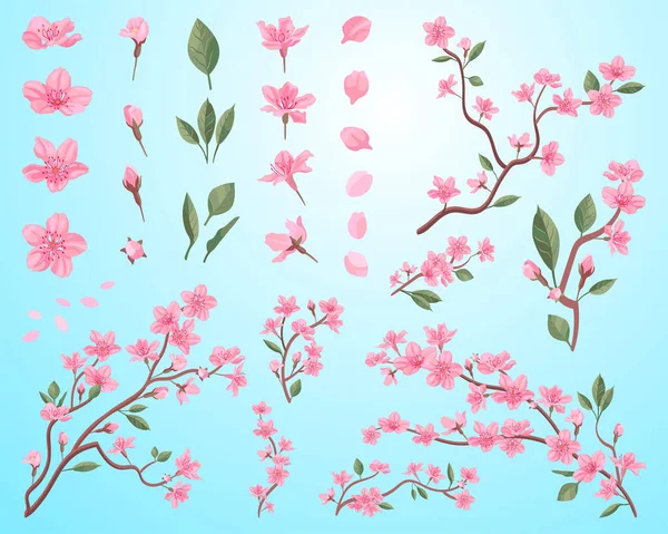 Иллюстрация Красивых Розовых Цветков Вишни Синем Фоне — стоковый вектор