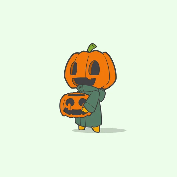 Vector Illustration Cute Funny Ghost Green Jacket Pumpkin Head Halloween — Stock Vector