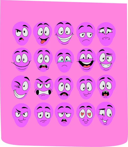 Paquete Iconos Caras Púrpuras Que Expresan Diferentes Emociones Sobre Fondo — Vector de stock