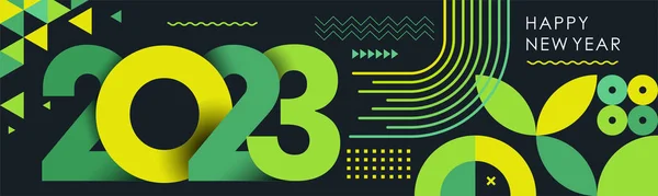 快乐的新年2023年文字设计与现代书法和黑暗的背景风格 2023年清洁能源绿色素食主义者创意绿色黄色横幅 — 图库矢量图片