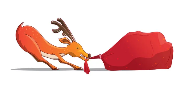 Illustration Deer Pulling Red Bag Christmas Presents White Background — Stock Vector