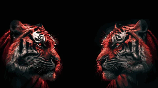 Tigre Rojo Mirando Otro Sobre Fondo Negro — Vector de stock