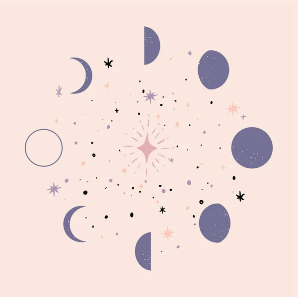 Una Hermosa Ilustración Fases Lunares Con Estrellas Sobre Fondo Brillante — Vector de stock