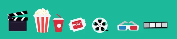 クラッパーボード ポップコーンなどの映画アイコンのベクトルイラスト 緑の背景に — ストックベクタ