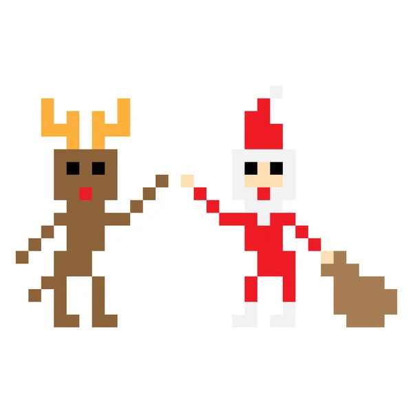 驯鹿和圣诞老人在白色背景上的像素艺术矢量设计 — 图库矢量图片