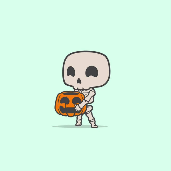 Vector Illustration Cute Funny Skeleton Ghost Holding Pumpkin Halloween Concept — Stock Vector