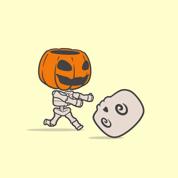Vektor Illustration Söta Roliga Skelett Spöke Med Pumpa Huvud Halloween — Stock vektor