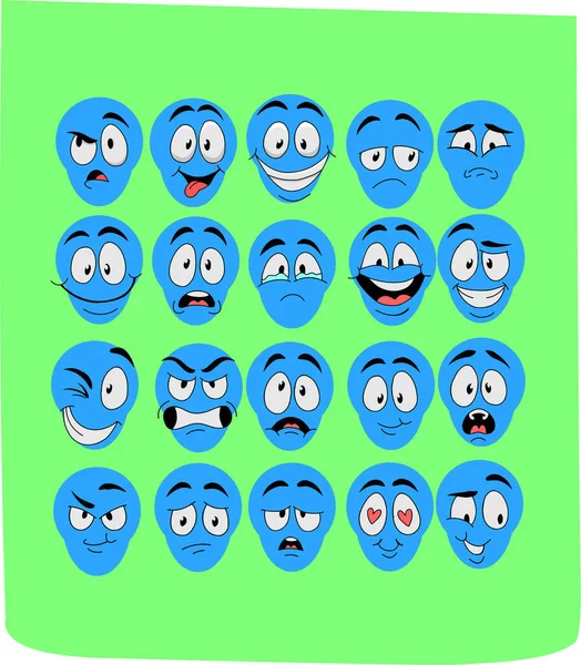 Пакет Іконок Синіх Облич Виражають Різні Емоції Зеленому Фоні — стоковий вектор