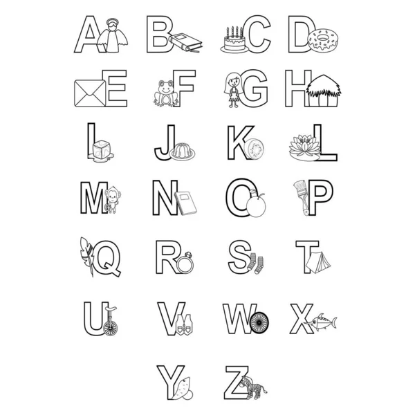 Lettere Dell Alfabeto Sfondo Bianco Con Piccole Immagini — Vettoriale Stock