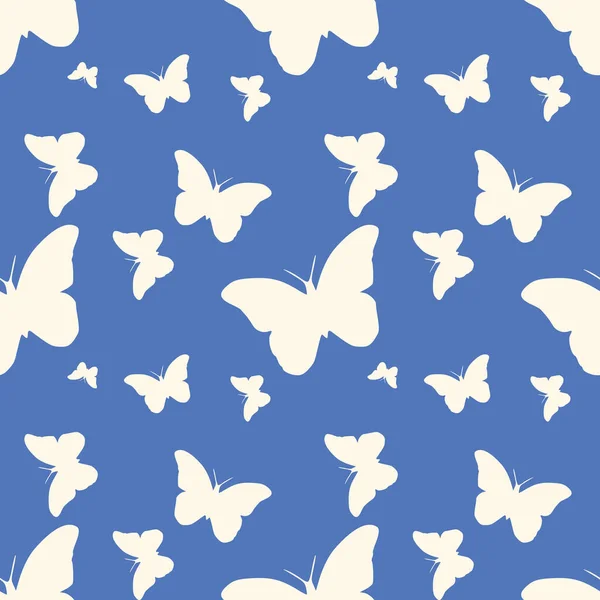 Beautiful Seamless Vector Wallpaper Lovely White Butterflies Soft Blue Background — Stock Vector