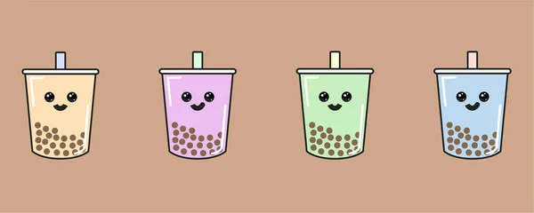 Vector Cute Bubble Tea Icons Isolated Brown Background — Stock Vector