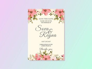 Pembe çiçekli düğün kartı şablonunun vektör çizimi