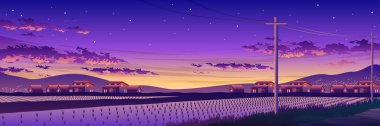 A beautiful panorama of a calm purple sunset over the rural landscape with rice field clipart