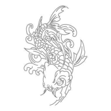 Siyah beyaz geleneksel balık dövmesi tasarımının dijital bir çizimi