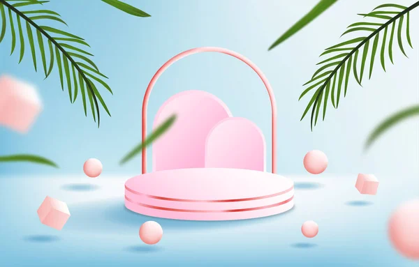 ピンクの現実的な表彰台 熱帯の葉 ピンクのボールと薄い青の背景を持つ正方形のベクトル水平イラスト — ストックベクタ