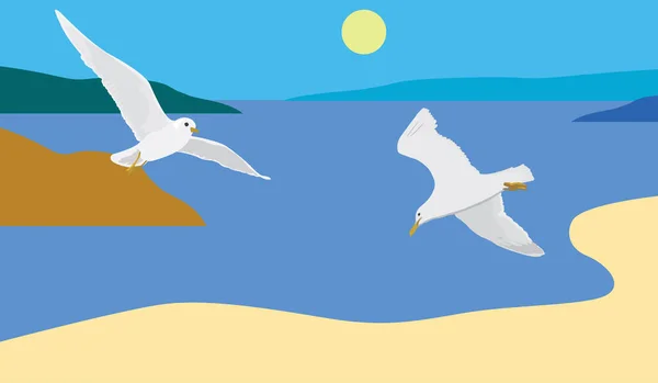 在阳光明媚的日子里飞越海滩的海鸥群 — 图库矢量图片
