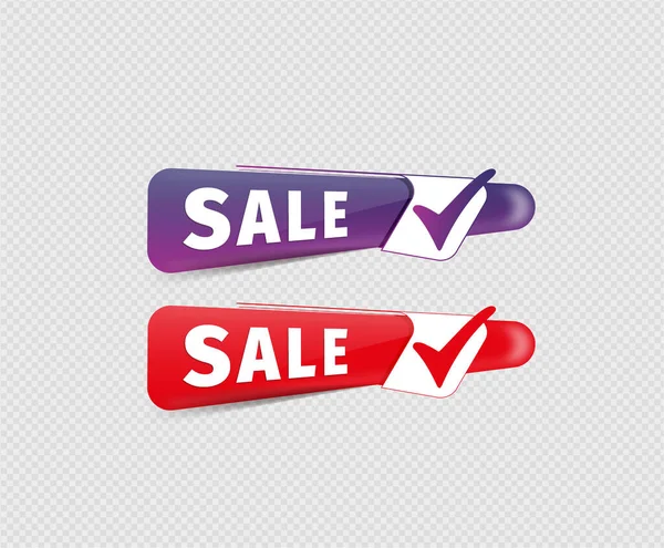 Las Etiquetas Venta Rojas Violetas Con Marcas Verificación — Vector de stock