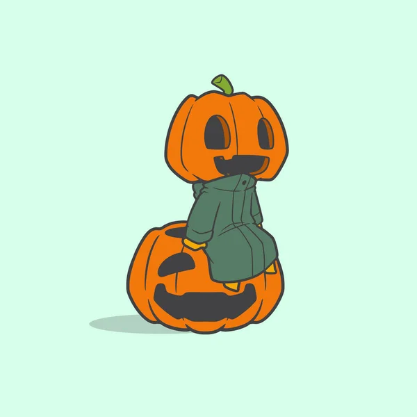 Vektorová Ilustrace Roztomilého Legračního Ducha Zelenou Bundou Dýňovou Hlavou Halloween — Stockový vektor