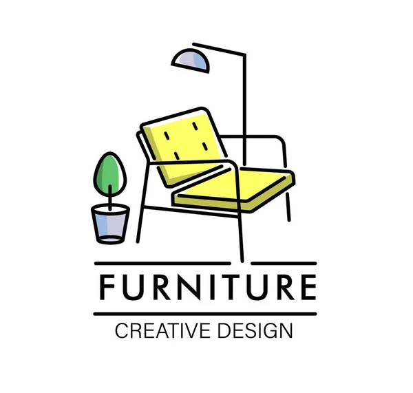 Projekt Logo Firmy Meblowej Zarys Żółtego Krzesła Lampą Rośliną — Wektor stockowy