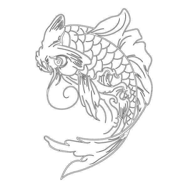 A digital illustration of a black and white traditional fish tattoo design