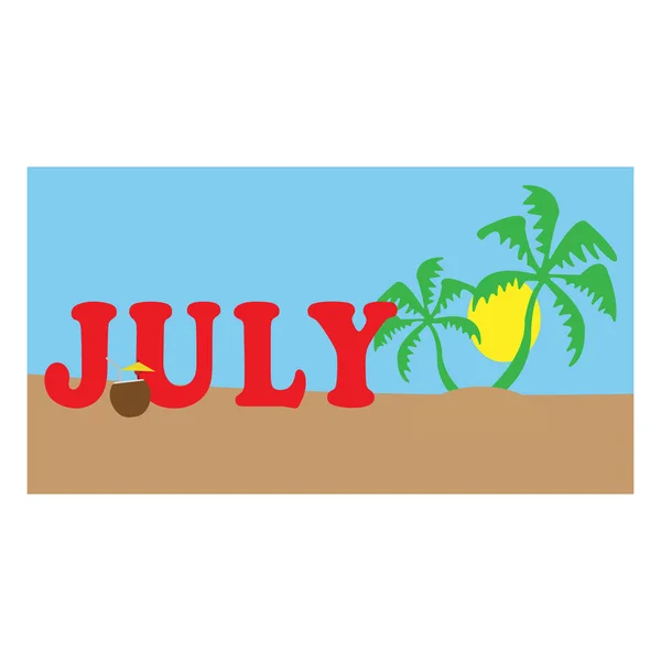 July Month Sunny Beach Background Cute Palm Trees — Stock Vector