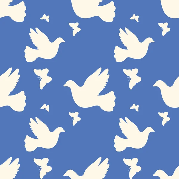 Beautiful Seamless Vector Wallpaper Lovely White Doves Butterflies Soft Blue — Stock Vector