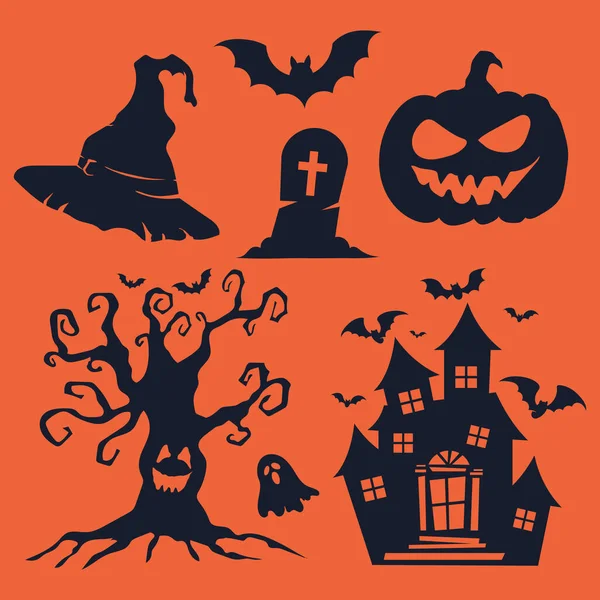 Insieme Vettoriale Icone Halloween Sfondo Arancione — Vettoriale Stock