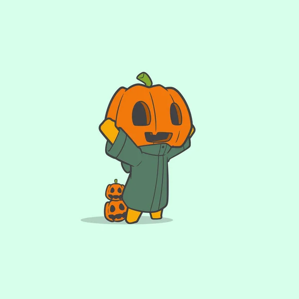 Vektorová Ilustrace Roztomilého Legračního Ducha Zelenou Bundou Dýňovou Hlavou Halloween — Stockový vektor
