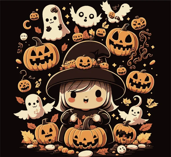 Vector Illustration Cute Witch Character Surrounded Carved Pumpkins Ghosts — Stock Vector